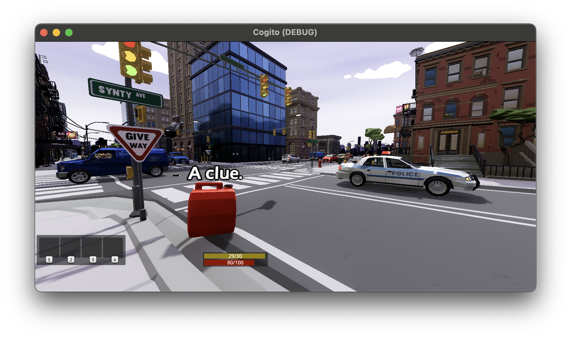 Game project using the City assets from Synth Store, with a clue in the foreground