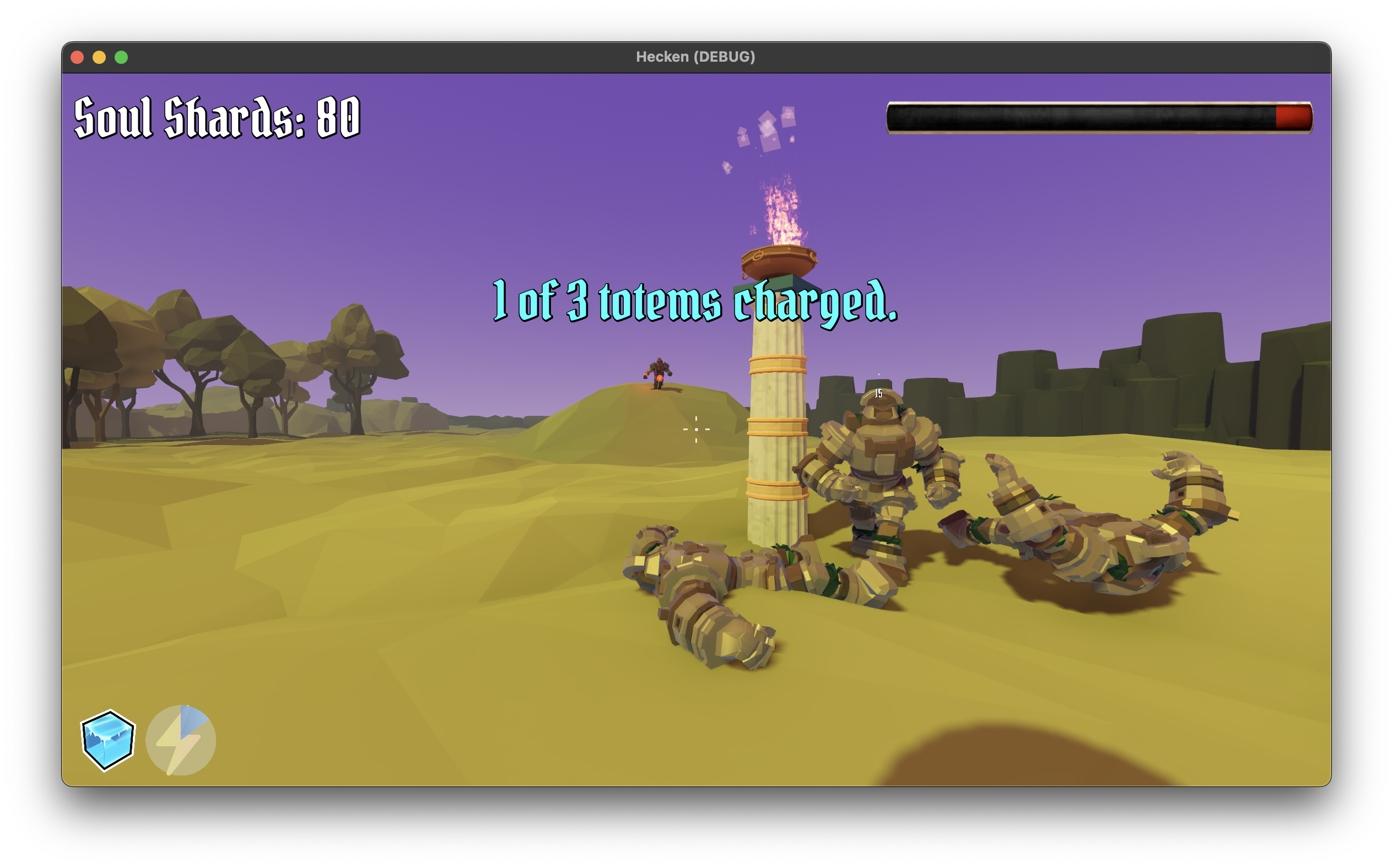 A charged totem in the second level of Hecken, the player being informed of the status by the custom log level