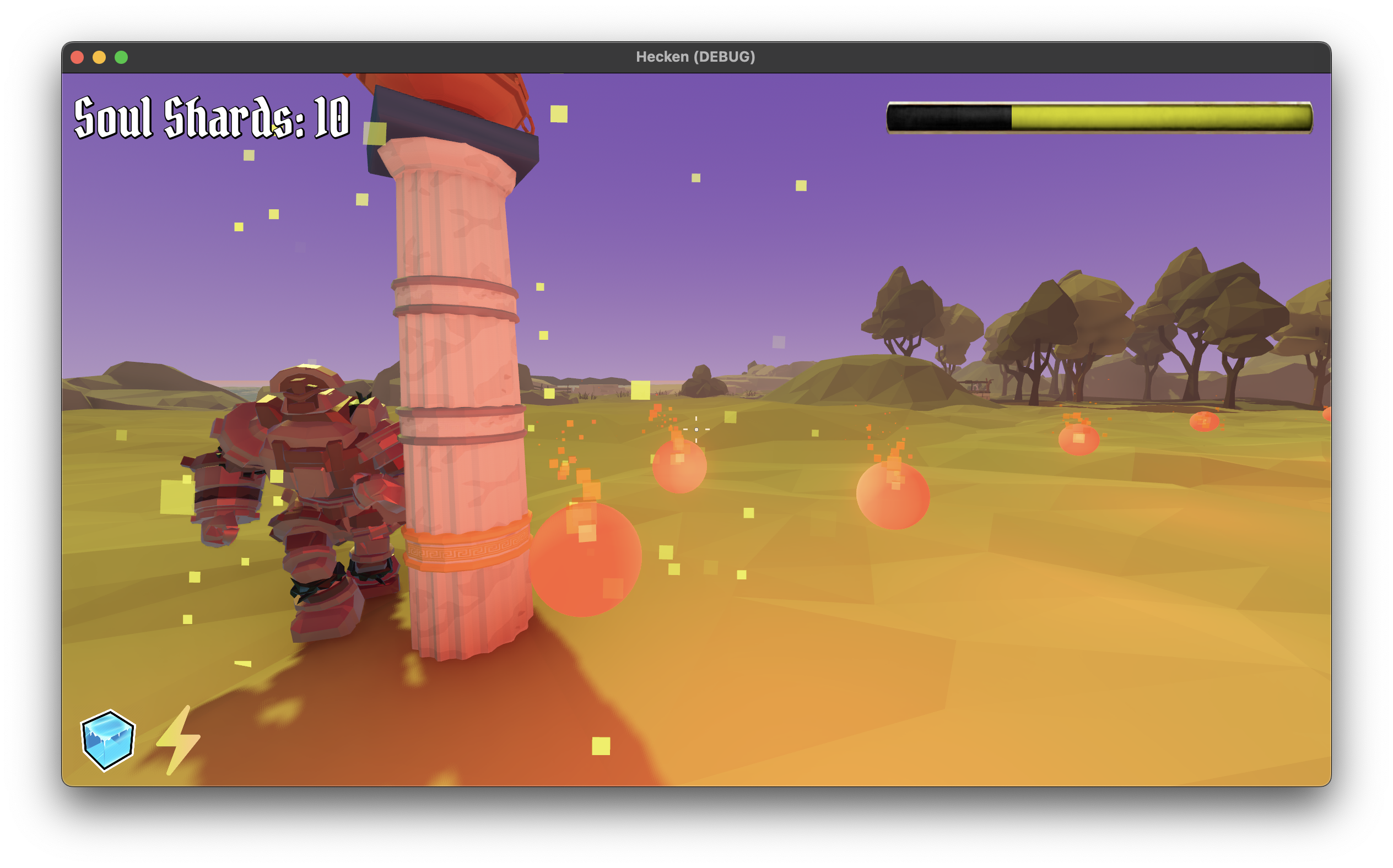 A totem charging, showing a golem attack in melee range as multiple fireballs home in