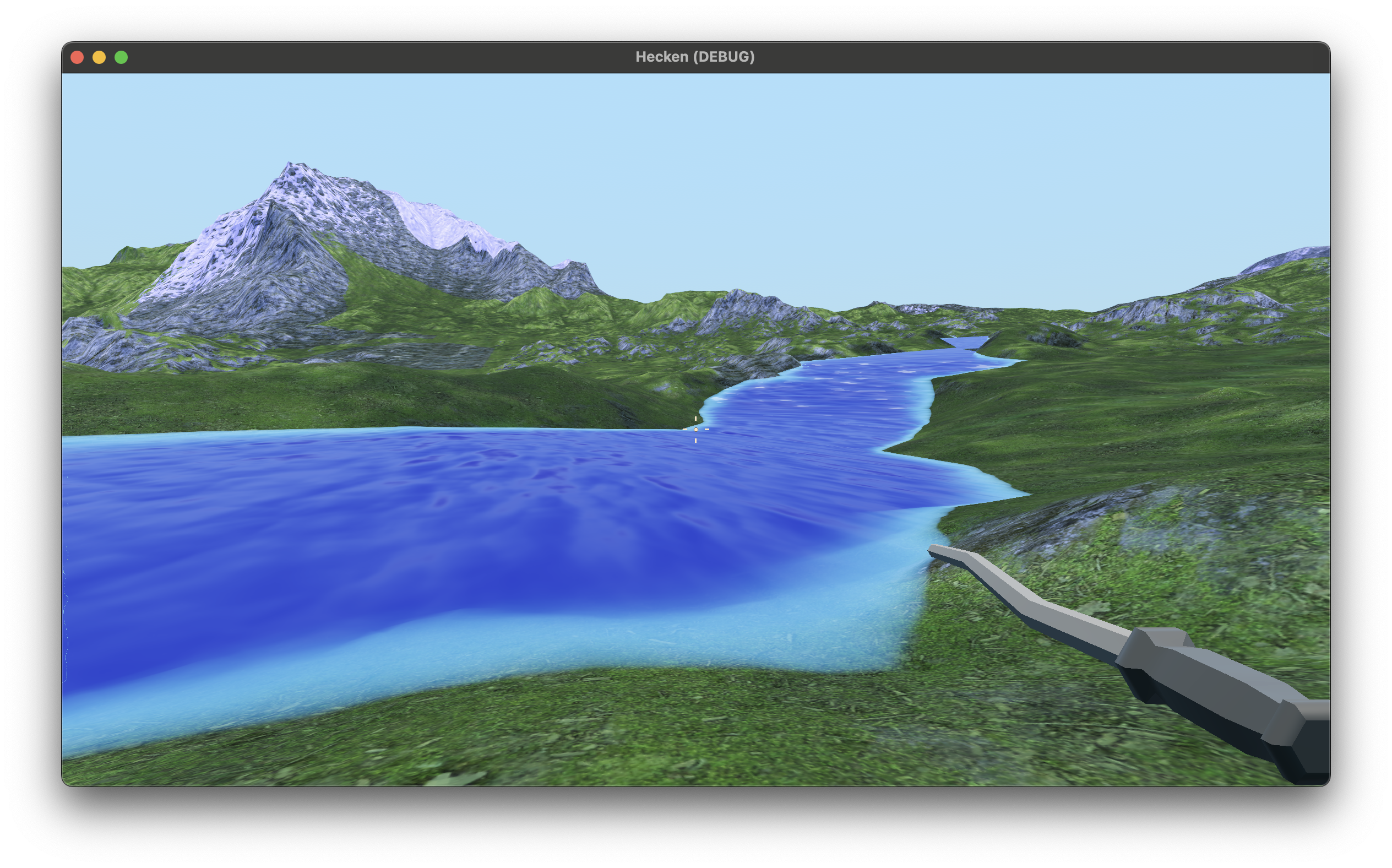 Early prototype of Hecken, showing a river and height mapped terrain, via a third party terrain library