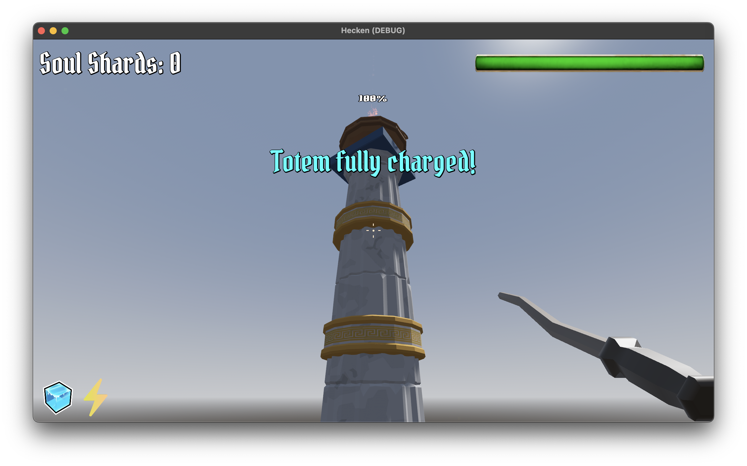 Final version of a totem object, created from assets from Synty, each golden ring represents a charge level, and it transitions from one material to another to indicate it is charged, it can also decay if the player leaves range