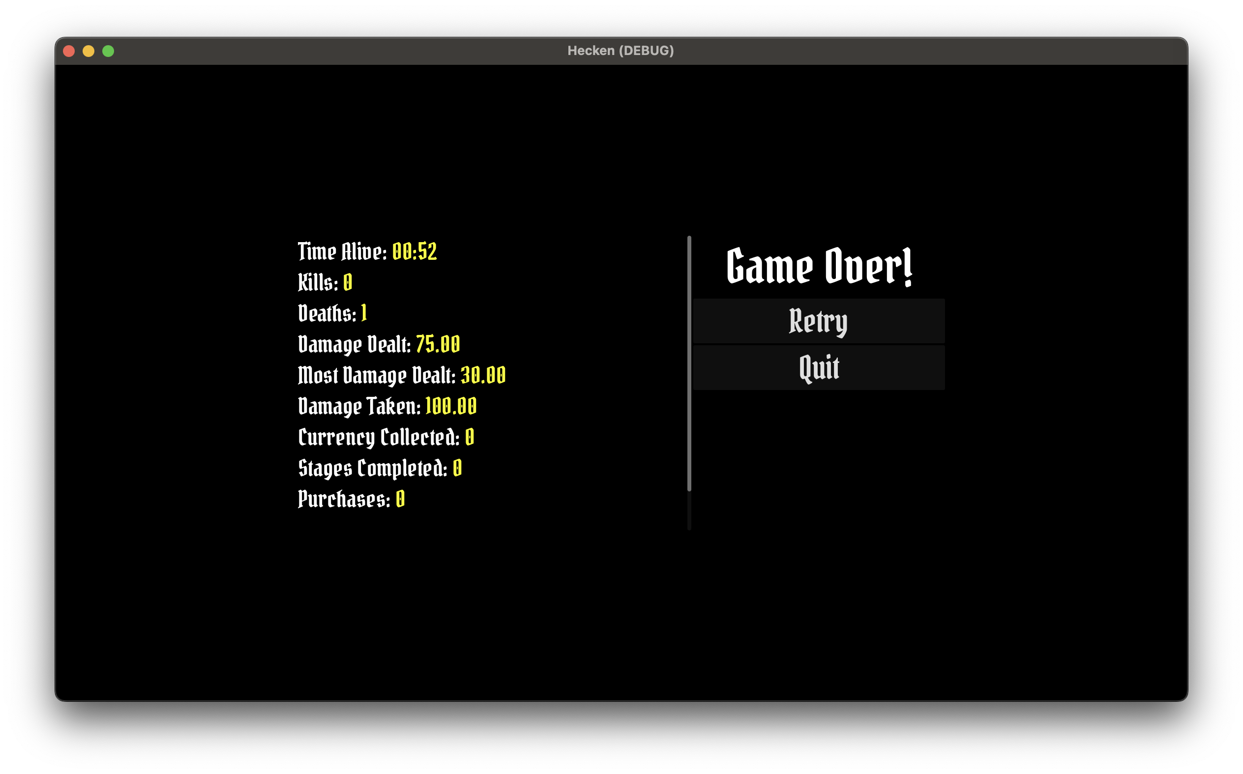 Game over scene, displaying various statistics about the player's last session