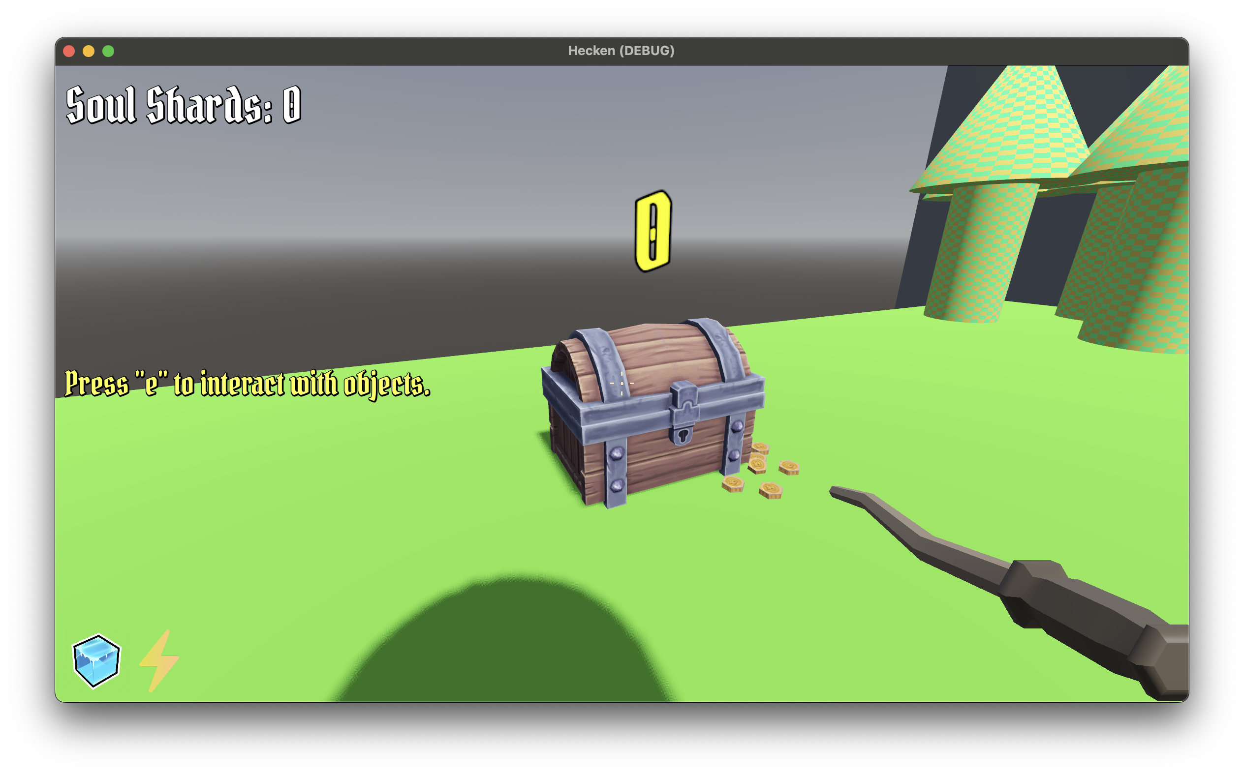 Prototype intractable object, determined by using a ray to see if we are aiming at a node with a specific physics collision layer, and displays a label to indicate that it can be interacted with, also displays a cost in the Soul Shards currency