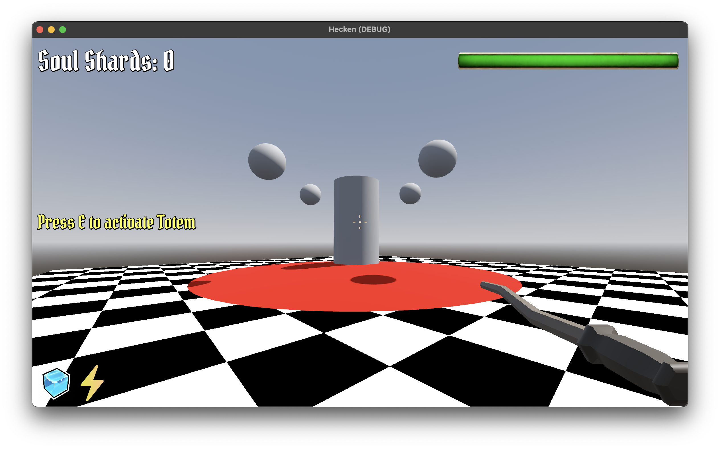 Prototype Totem scene, an object that needs to be charged, requiring the player to stay within a specific range to increase the counter, enemies spawn while it is charging, increasing the difficulty to stay in-range