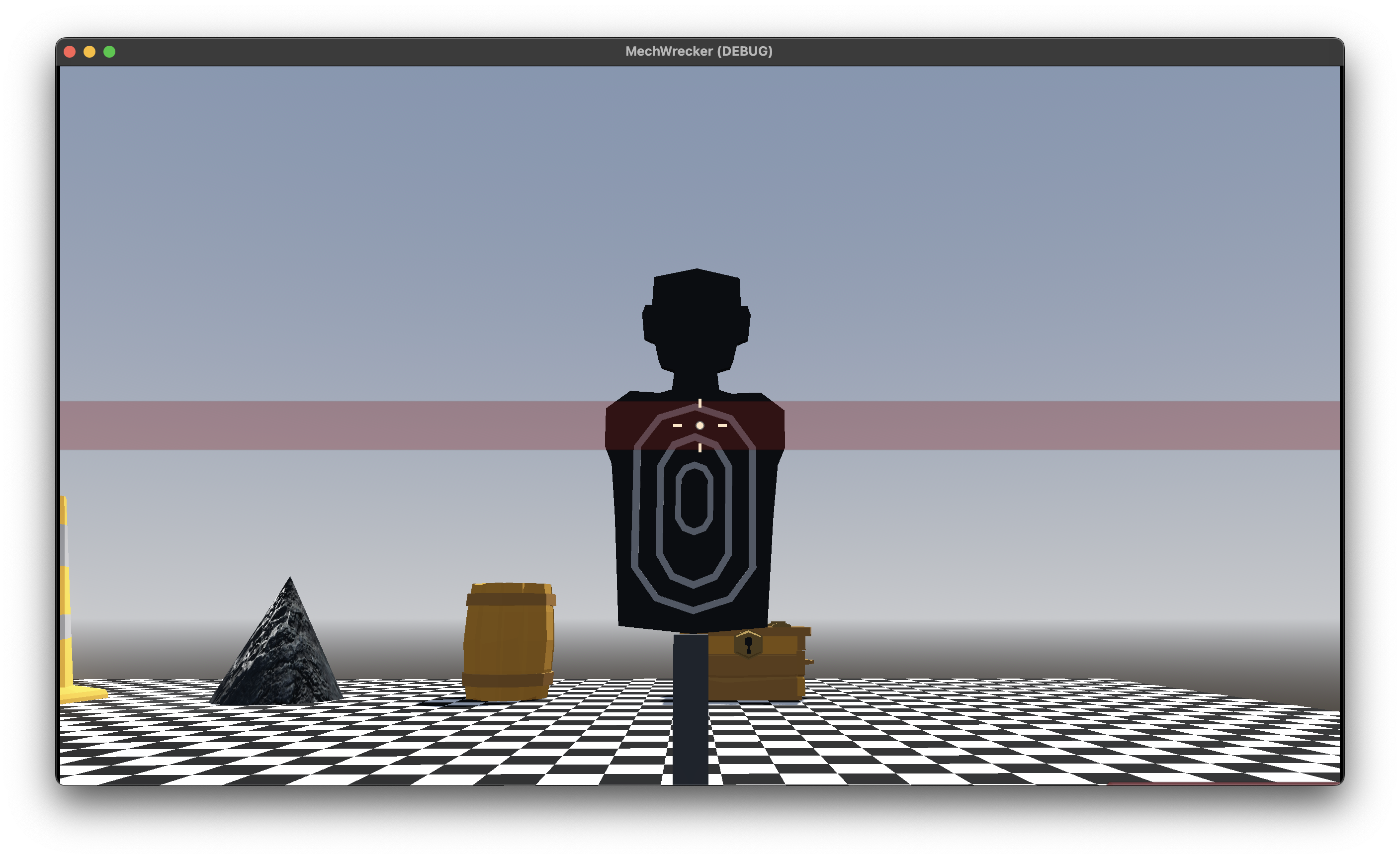 Initial prototyping area, showing the before of a RigidBody3D being cut in two, and having physics be applied to the halves
